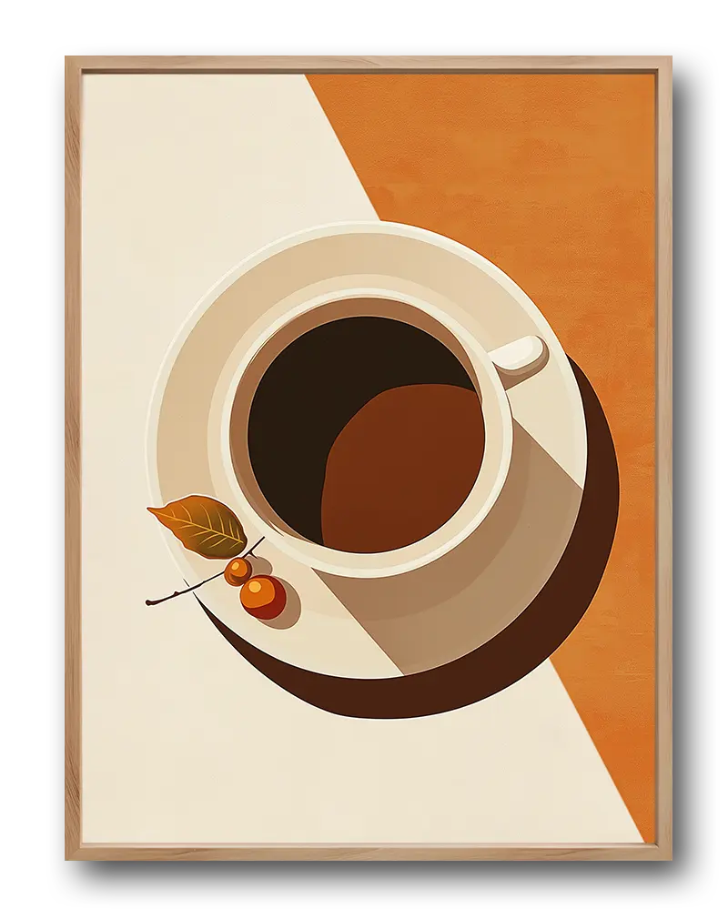 A minimalist illustration of a coffee cup casting a long shadow, accompanied by autumn leaves and berries. This modern wall art poster is perfect for adding a touch of warmth and simplicity to any kitchen or living space