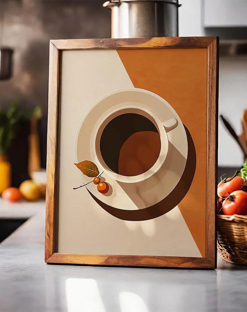 A minimalist illustration of a coffee cup casting a long shadow, accompanied by autumn leaves and berries. This modern wall art poster is perfect for adding a touch of warmth and simplicity to any kitchen or living space