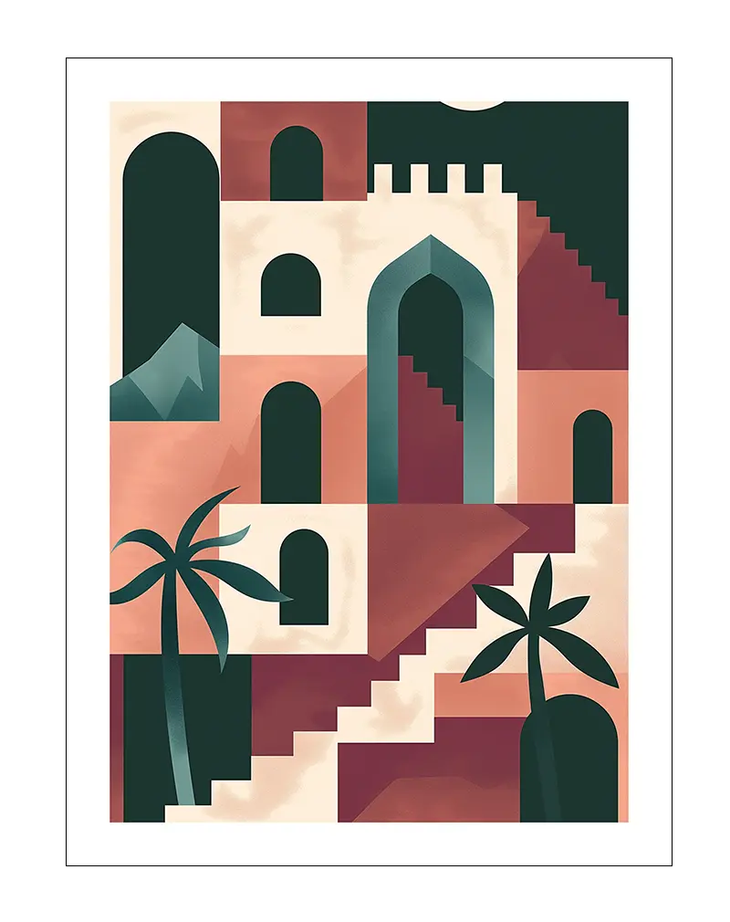 A modern abstract illustration of desert architecture featuring geometric shapes, arches, and palm trees in muted earth tones. Perfect wall art to add a touch of exotic and minimalist design to your interior