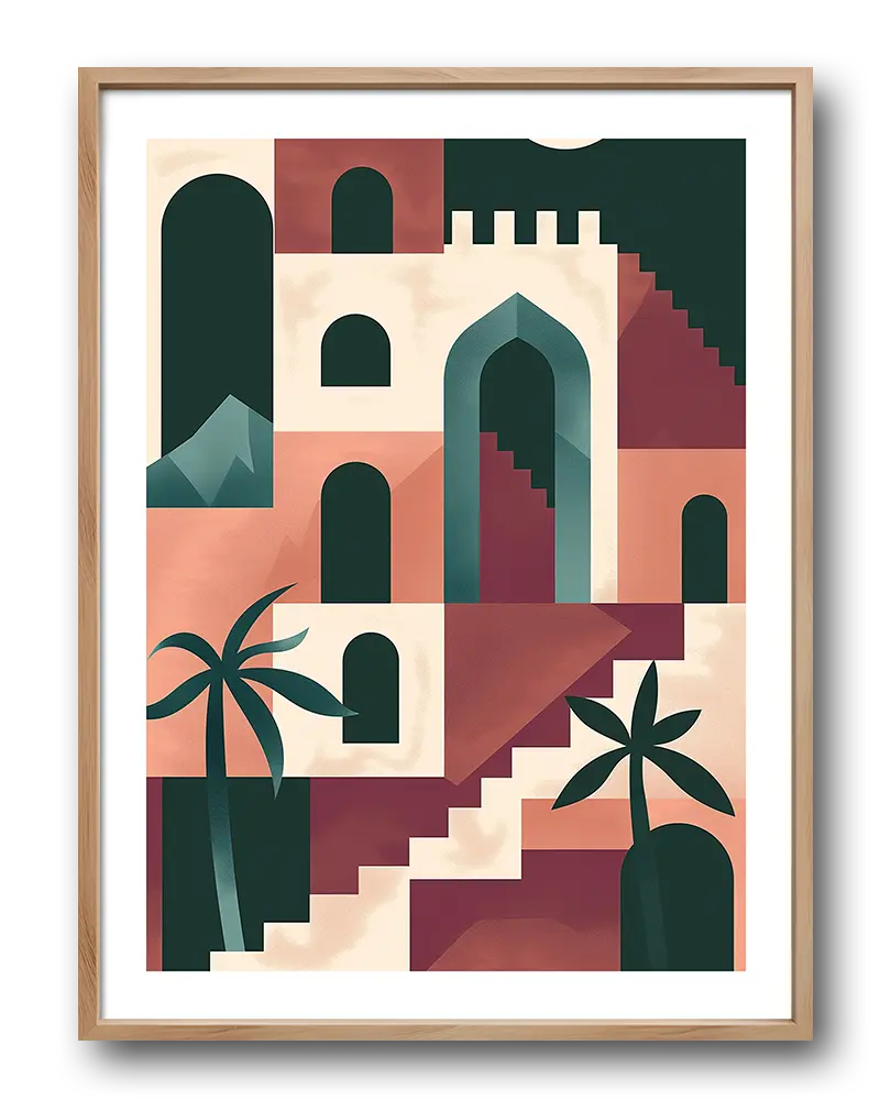 A modern abstract illustration of desert architecture featuring geometric shapes, arches, and palm trees in muted earth tones. Perfect wall art to add a touch of exotic and minimalist design to your interior