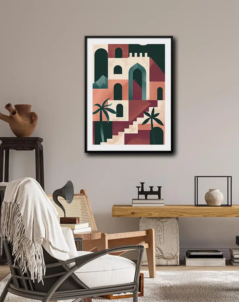 A modern abstract illustration of desert architecture featuring geometric shapes, arches, and palm trees in muted earth tones. Perfect wall art to add a touch of exotic and minimalist design to your interior