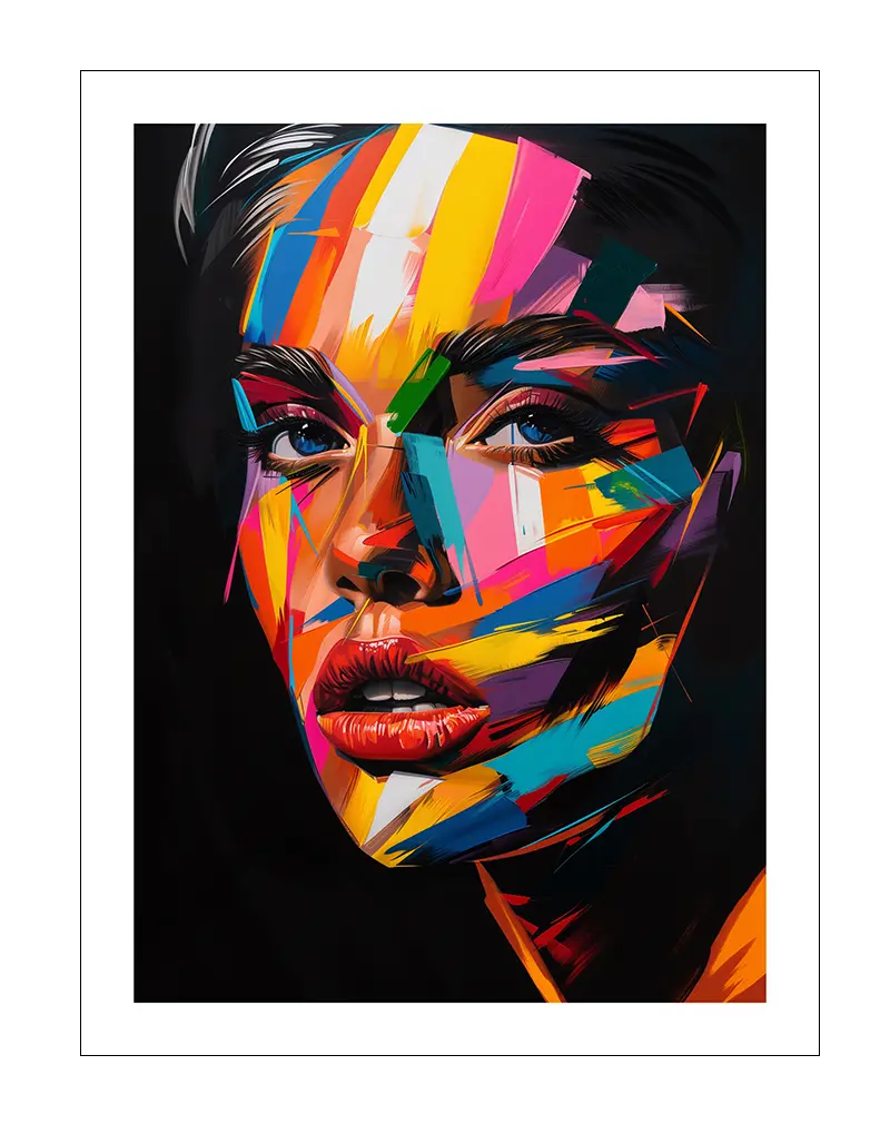 A vibrant abstract portrait of a woman's face painted with bold and colorful brush strokes, contrasting against a black background. Perfect wall art for adding a modern, dynamic touch to your space, showcasing creativity and bold expression