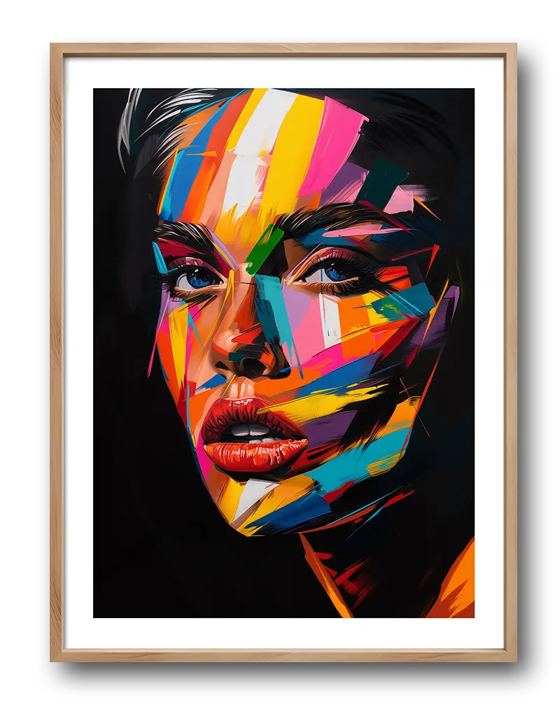 A vibrant abstract portrait of a woman's face painted with bold and colorful brush strokes, contrasting against a black background. Perfect wall art for adding a modern, dynamic touch to your space, showcasing creativity and bold expression