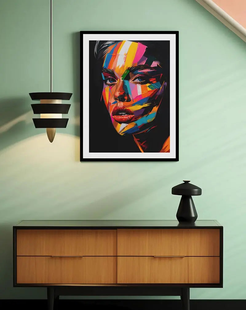 A vibrant abstract portrait of a woman's face painted with bold and colorful brush strokes, contrasting against a black background. Perfect wall art for adding a modern, dynamic touch to your space, showcasing creativity and bold expression