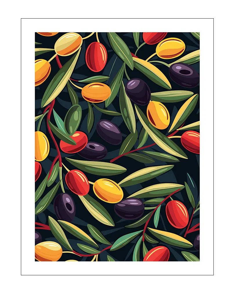 A vibrant illustration of colorful olives and green leaves on branches, set against a dark background. Perfect wall art for adding a Mediterranean vibe to your kitchen or dining space, celebrating nature and freshness in your home decor