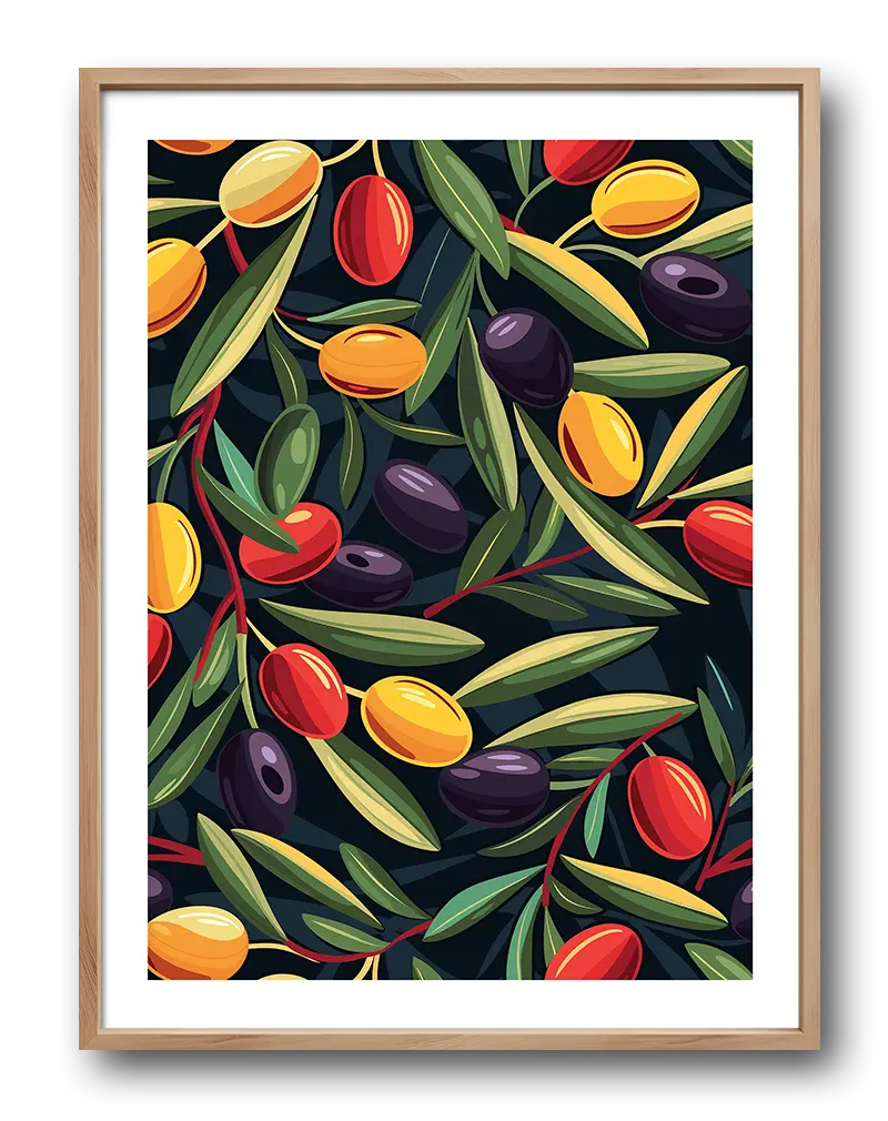 A vibrant illustration of colorful olives and green leaves on branches, set against a dark background. Perfect wall art for adding a Mediterranean vibe to your kitchen or dining space, celebrating nature and freshness in your home decor