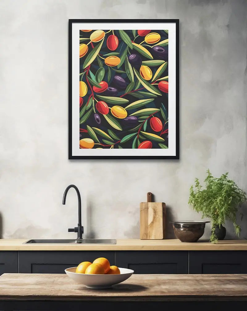 A vibrant illustration of colorful olives and green leaves on branches, set against a dark background. Perfect wall art for adding a Mediterranean vibe to your kitchen or dining space, celebrating nature and freshness in your home decor