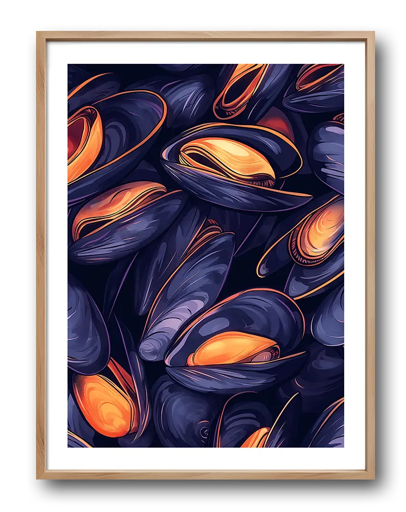 A detailed illustration of open mussels with vibrant orange and dark blue tones. Perfect wall art for seafood lovers and kitchens, bringing a taste of the sea and culinary inspiration into your space