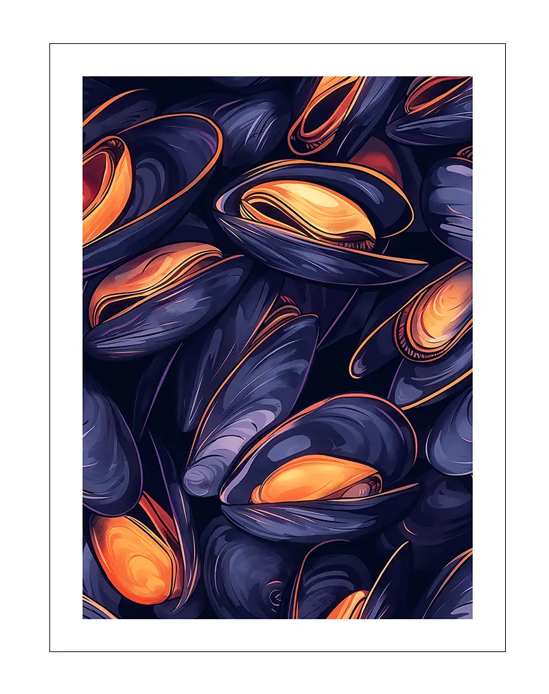 A detailed illustration of open mussels with vibrant orange and dark blue tones. Perfect wall art for seafood lovers and kitchens, bringing a taste of the sea and culinary inspiration into your space