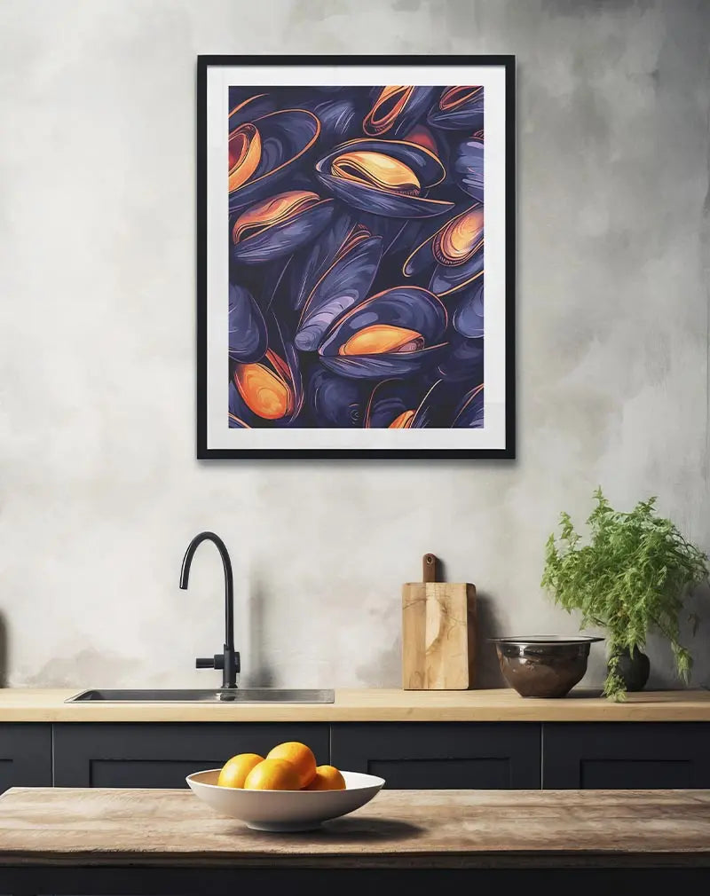 A detailed illustration of open mussels with vibrant orange and dark blue tones. Perfect wall art for seafood lovers and kitchens, bringing a taste of the sea and culinary inspiration into your space