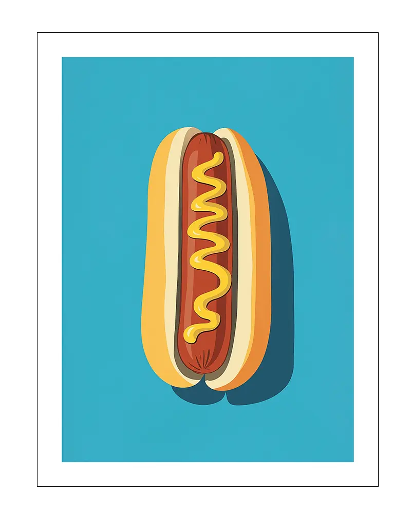 A vibrant pop art style illustration of a classic hot dog with mustard on a bright blue background. Perfect wall art for food lovers and kitchens, adding a playful and bold touch to your décor