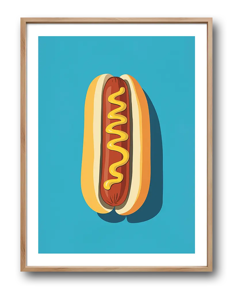 A vibrant pop art style illustration of a classic hot dog with mustard on a bright blue background. Perfect wall art for food lovers and kitchens, adding a playful and bold touch to your décor