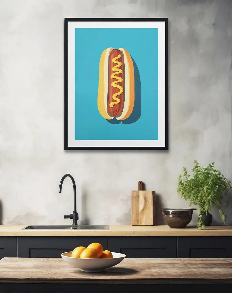 A vibrant pop art style illustration of a classic hot dog with mustard on a bright blue background. Perfect wall art for food lovers and kitchens, adding a playful and bold touch to your décor