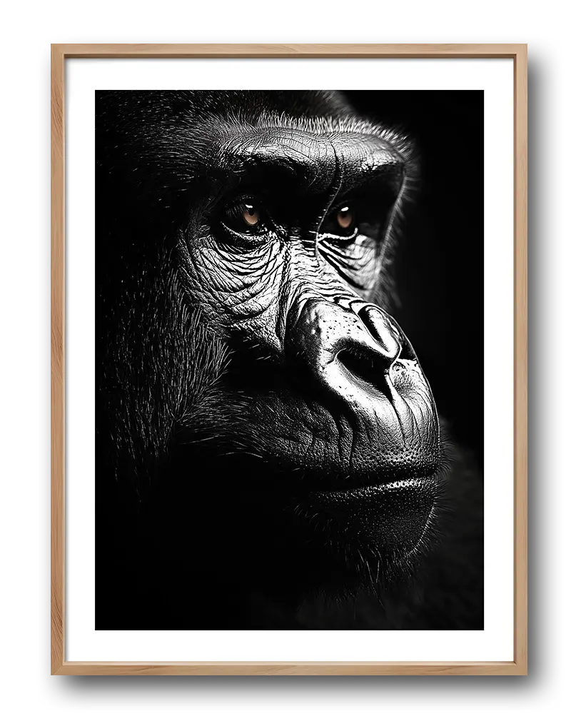 A striking black and white side profile of a gorilla with piercing eyes, highlighting its powerful expression and detailed facial features.