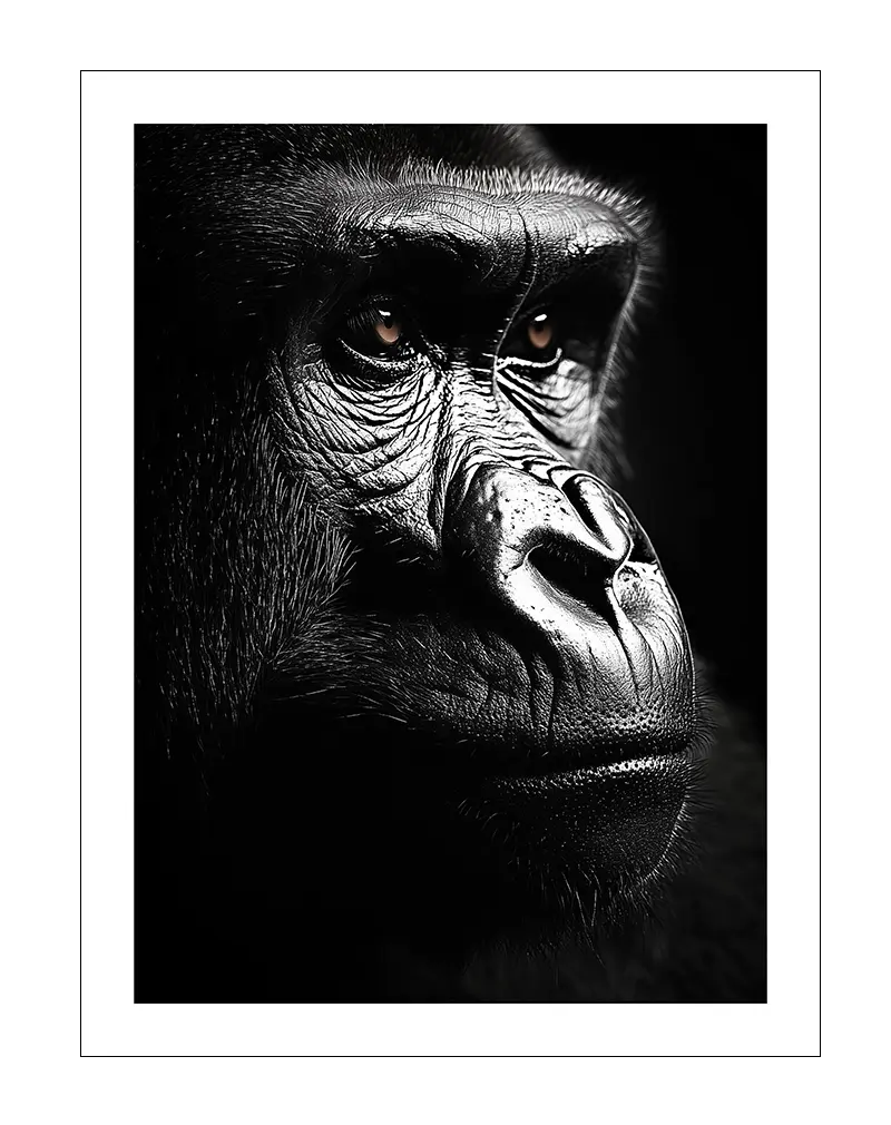 A striking black and white side profile of a gorilla with piercing eyes, highlighting its powerful expression and detailed facial features.