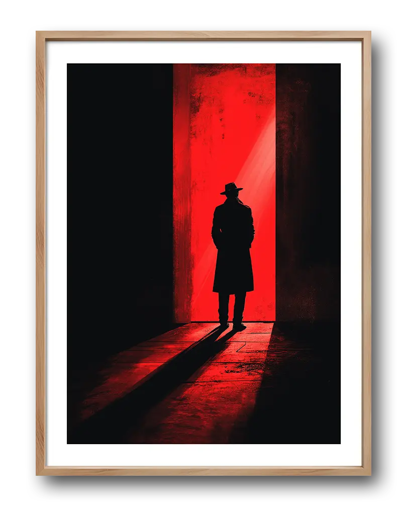 A mysterious noir-style silhouette of a detective standing in a red-lit doorway with long shadows. Perfect wall art for adding intrigue and cinematic style to your space