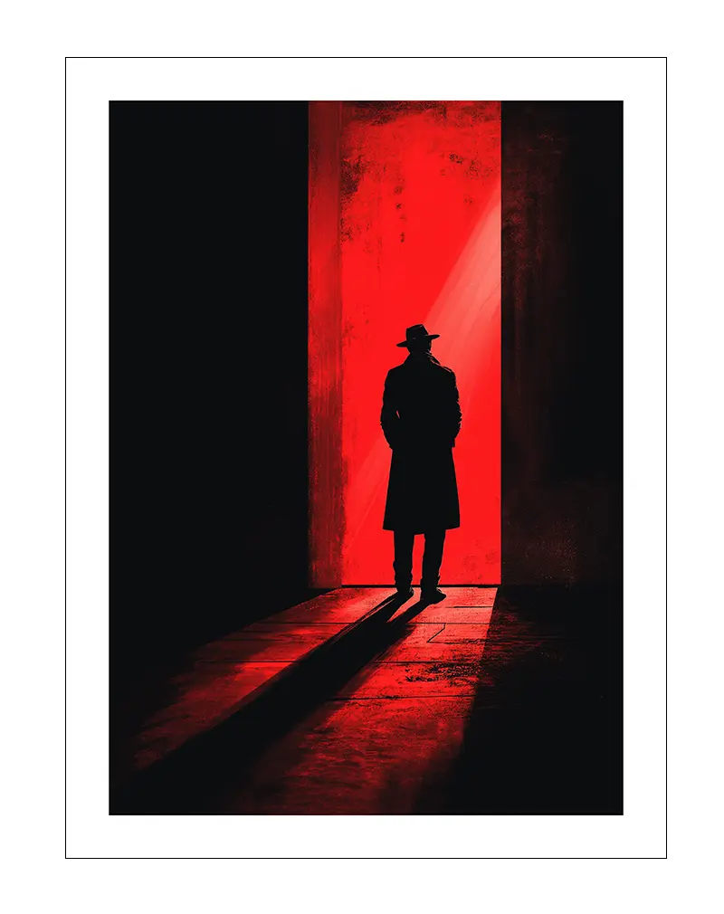 A mysterious noir-style silhouette of a detective standing in a red-lit doorway with long shadows. Perfect wall art for adding intrigue and cinematic style to your space