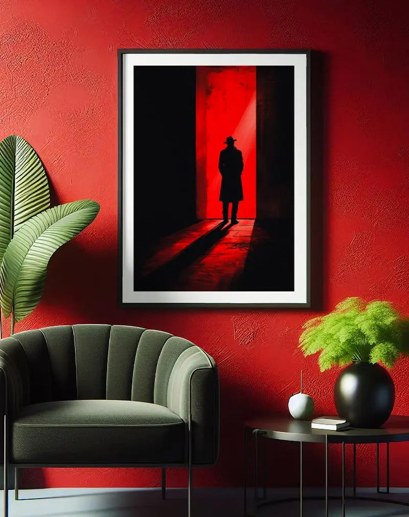 A mysterious noir-style silhouette of a detective standing in a red-lit doorway with long shadows. Perfect wall art for adding intrigue and cinematic style to your space