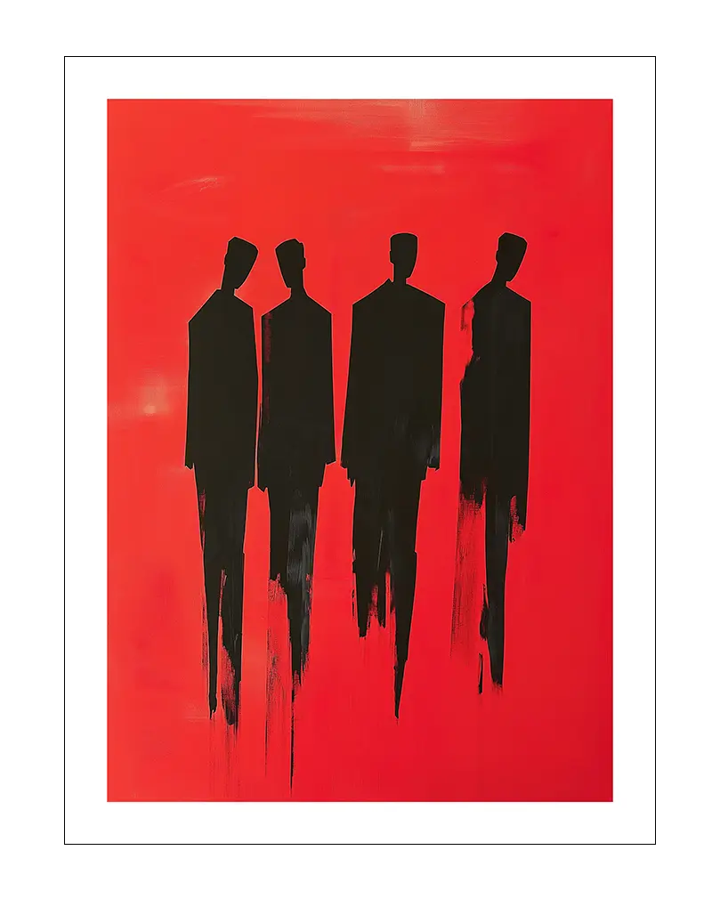 An abstract composition featuring four black figures on a bold red background, with streaking effects for a dynamic, modern look. Perfect wall art for contemporary interiors seeking a striking statement piece