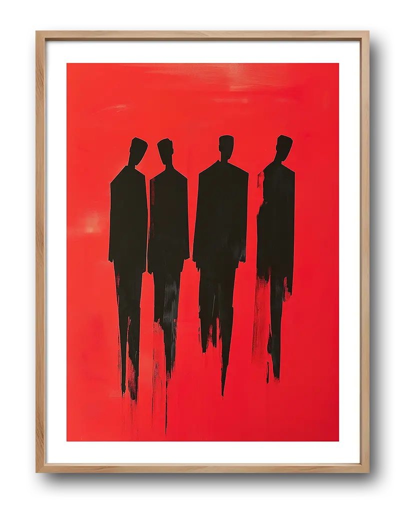 An abstract composition featuring four black figures on a bold red background, with streaking effects for a dynamic, modern look. Perfect wall art for contemporary interiors seeking a striking statement piece