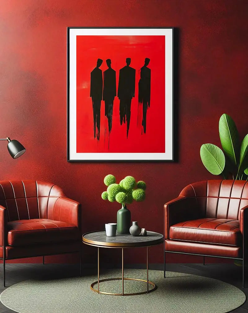 An abstract composition featuring four black figures on a bold red background, with streaking effects for a dynamic, modern look. Perfect wall art for contemporary interiors seeking a striking statement piece