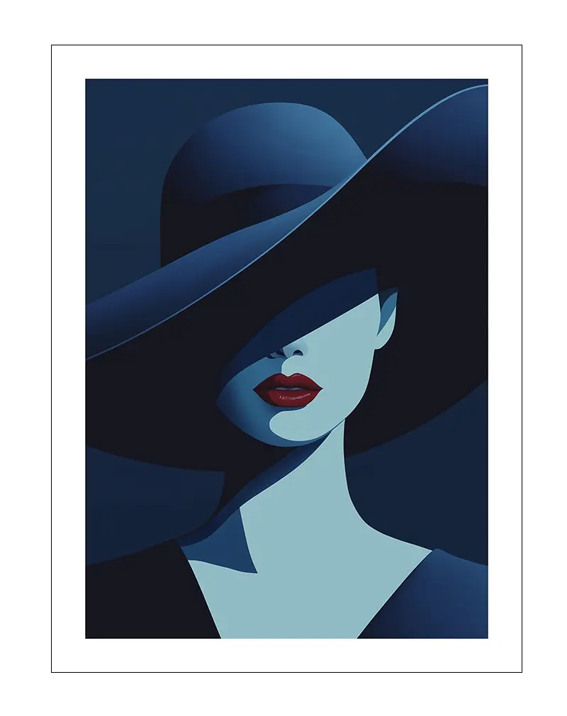 A stylish and minimalist illustration of a woman in a large hat with red lips, her face partially obscured. This elegant wall art poster adds an air of mystery and sophistication to any room decor, perfect for modern living spaces