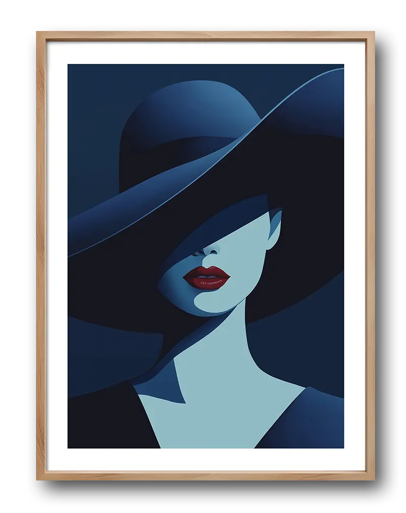 A stylish and minimalist illustration of a woman in a large hat with red lips, her face partially obscured. This elegant wall art poster adds an air of mystery and sophistication to any room decor, perfect for modern living spaces