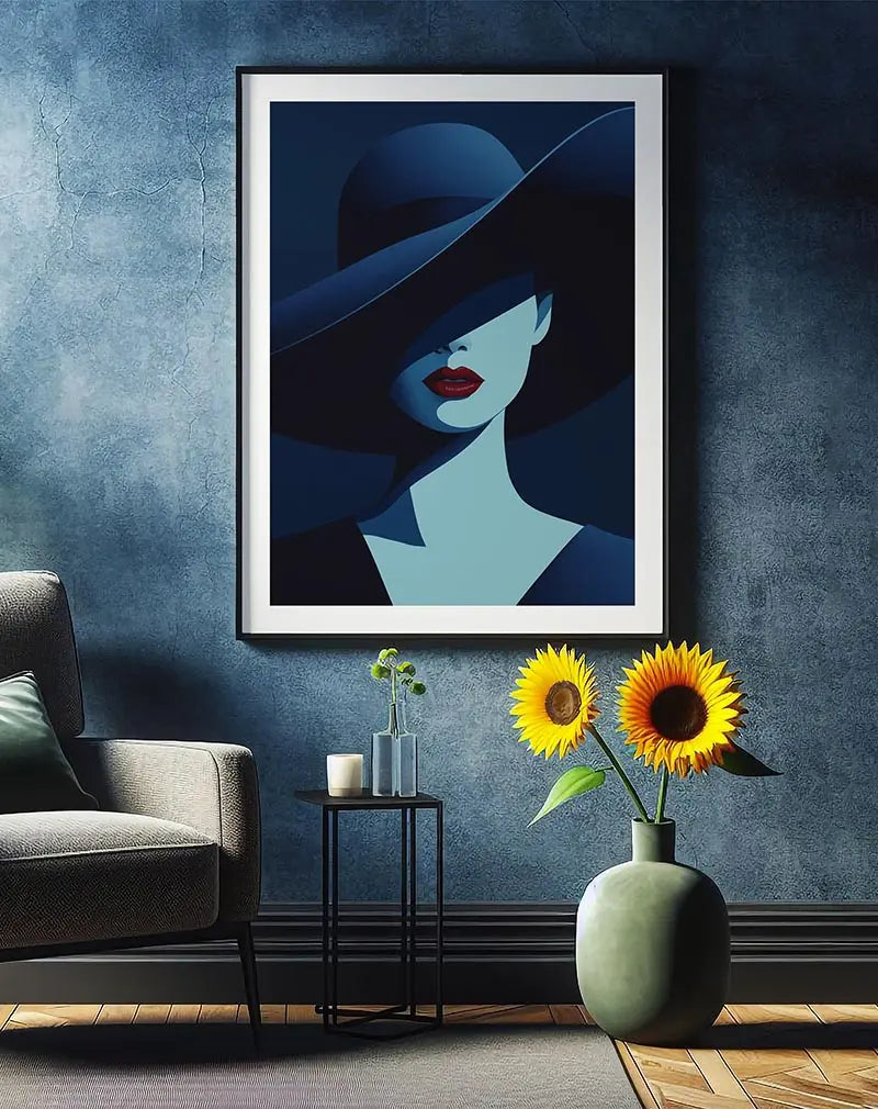 A stylish and minimalist illustration of a woman in a large hat with red lips, her face partially obscured. This elegant wall art poster adds an air of mystery and sophistication to any room decor, perfect for modern living spaces