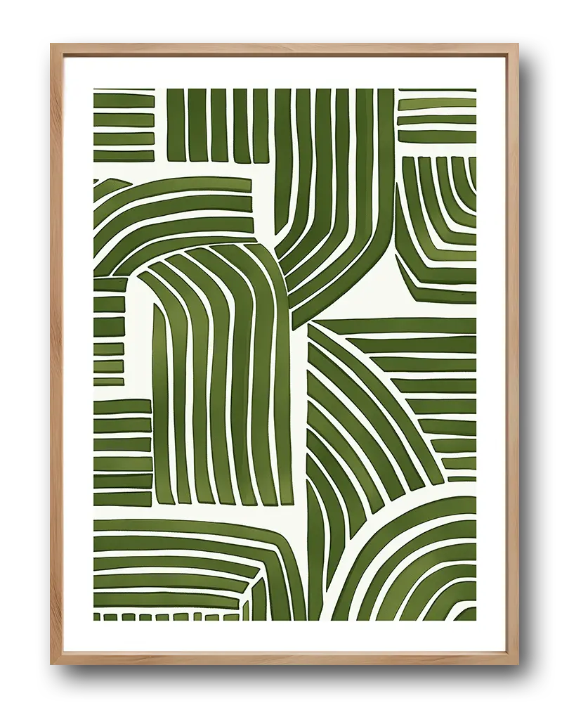 A minimalist geometric illustration with green curved lines forming abstract patterns. This modern wall art poster is perfect for adding a touch of nature and serenity to contemporary living spaces, bringing a fresh vibe to your decor