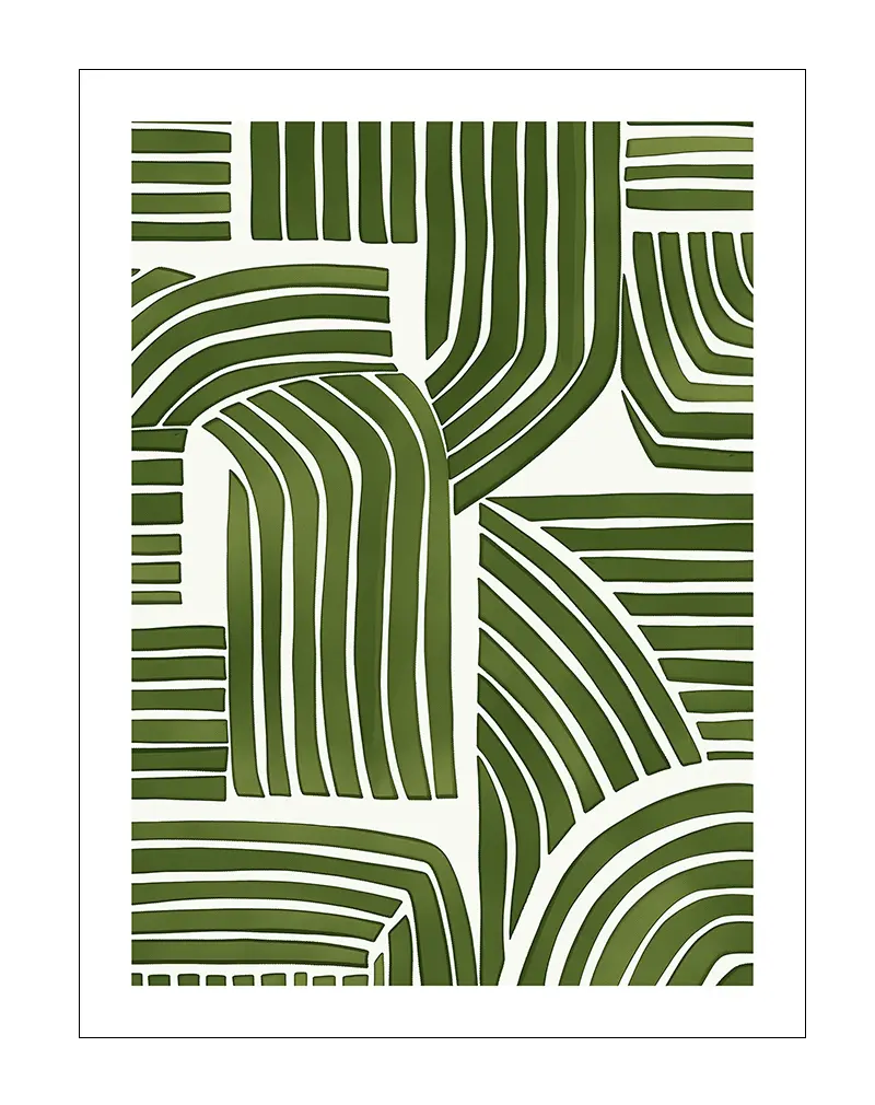 A minimalist geometric illustration with green curved lines forming abstract patterns. This modern wall art poster is perfect for adding a touch of nature and serenity to contemporary living spaces, bringing a fresh vibe to your decor