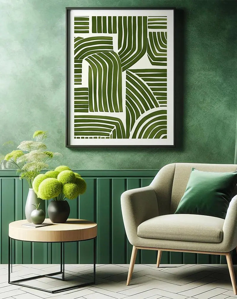 A minimalist geometric illustration with green curved lines forming abstract patterns. This modern wall art poster is perfect for adding a touch of nature and serenity to contemporary living spaces, bringing a fresh vibe to your decor