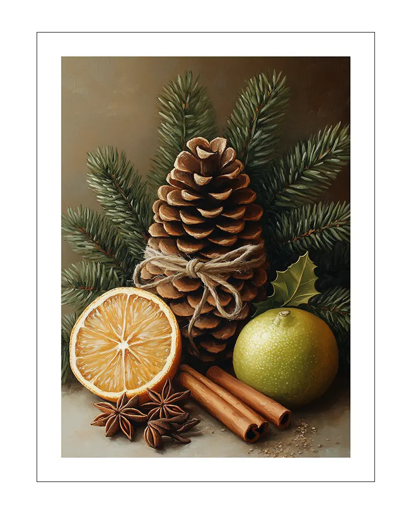 Illustration of a pinecone, orange slice, and spices, creating a cozy holiday ambiance. Perfect wall art for seasonal warmth.