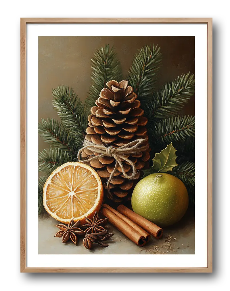 Illustration of a pinecone, orange slice, and spices, creating a cozy holiday ambiance. Perfect wall art for seasonal warmth.