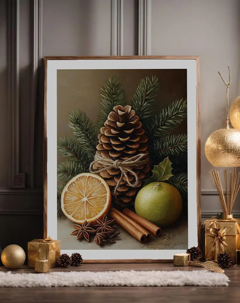 Illustration of a pinecone, orange slice, and spices, creating a cozy holiday ambiance. Perfect wall art for seasonal warmth.