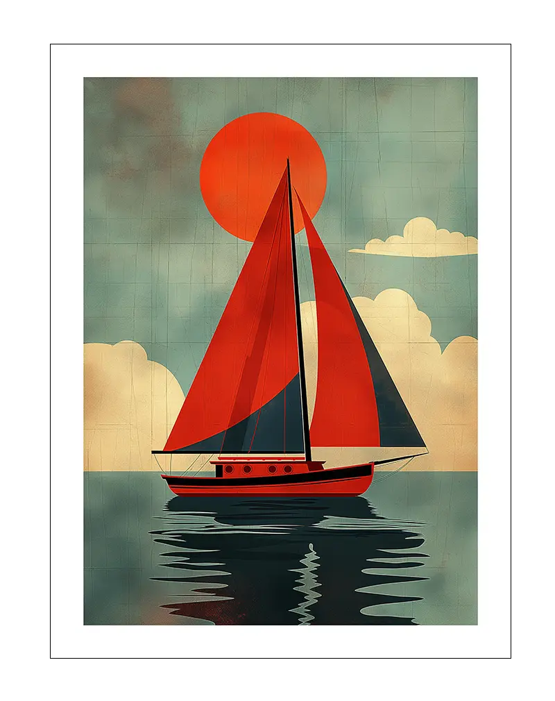 A stylized sailboat with red sails gliding on the water under a large red sun, evoking a vintage, serene vibe. Perfect wall art for adding a nautical and retro touch to any space