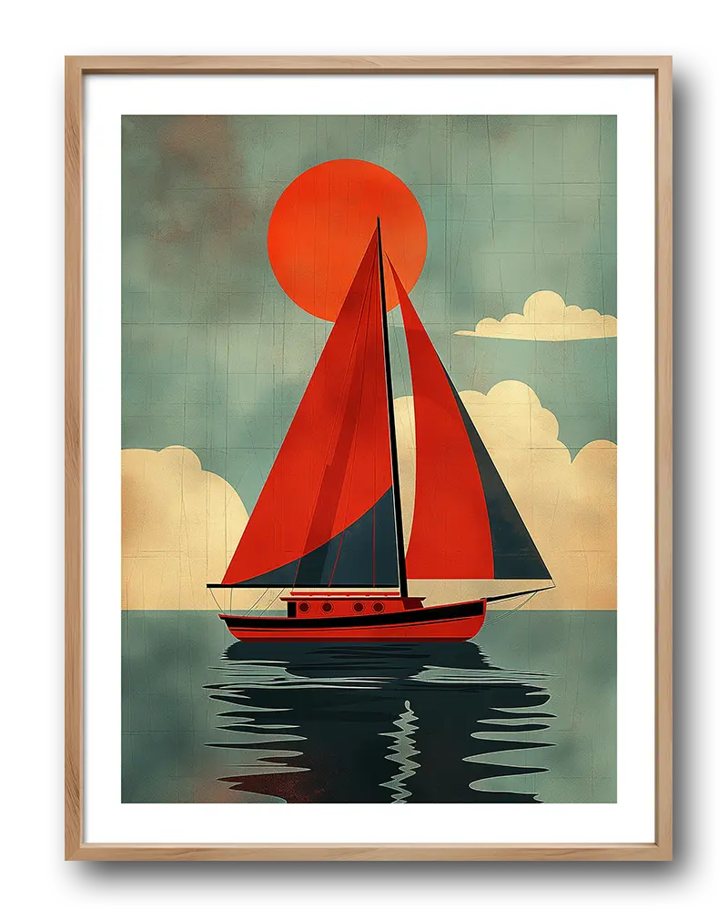 A stylized sailboat with red sails gliding on the water under a large red sun, evoking a vintage, serene vibe. Perfect wall art for adding a nautical and retro touch to any space