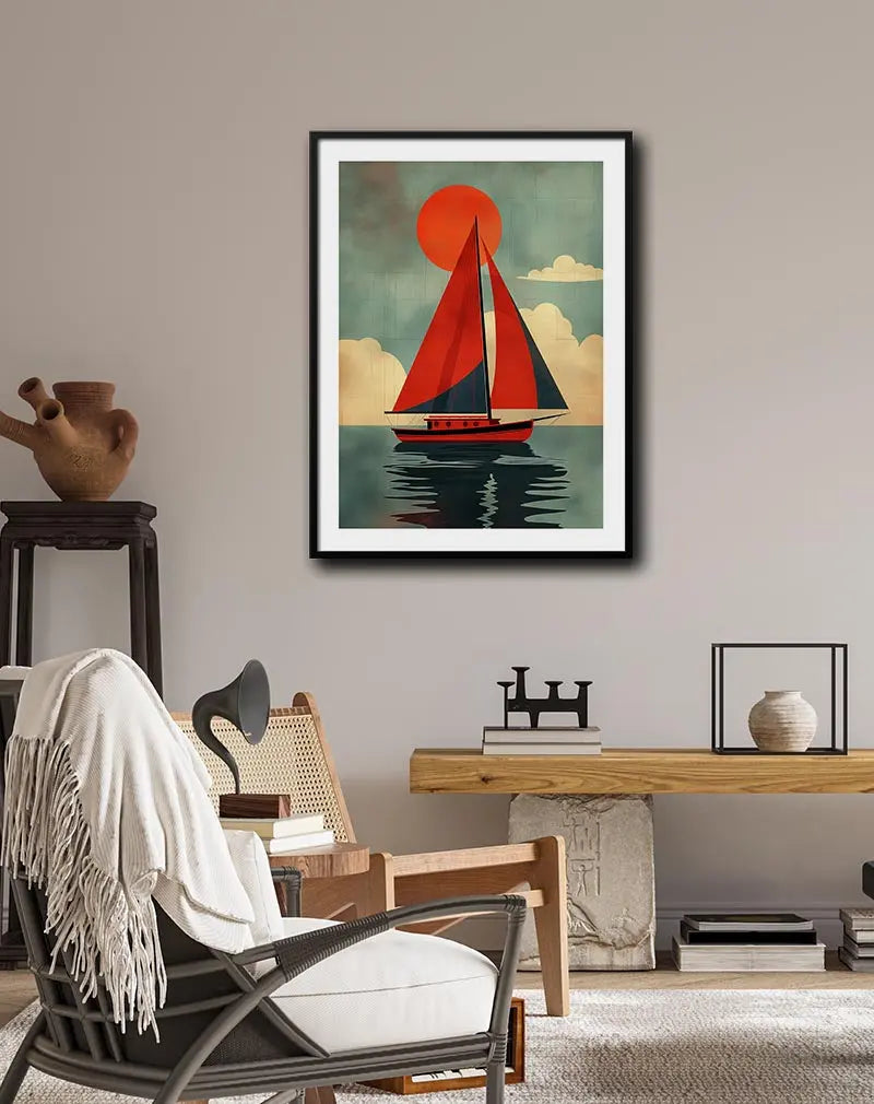 A stylized sailboat with red sails gliding on the water under a large red sun, evoking a vintage, serene vibe. Perfect wall art for adding a nautical and retro touch to any space