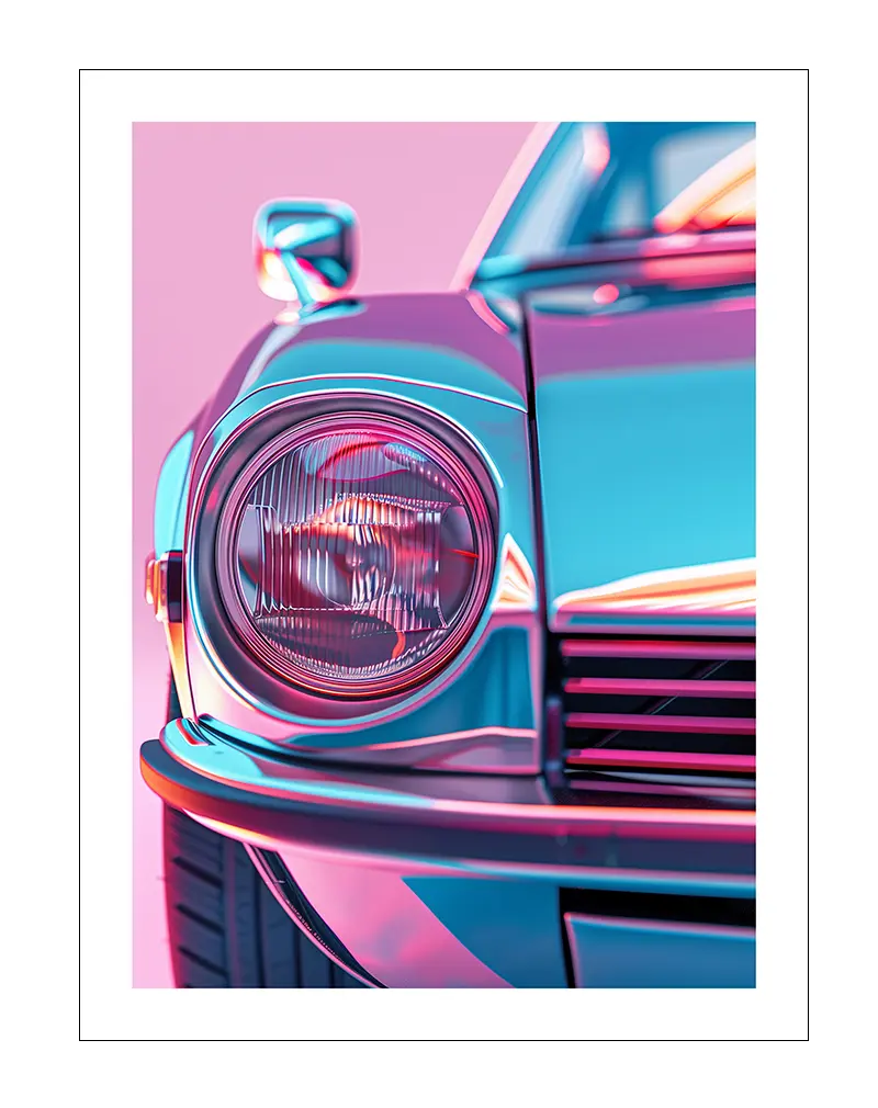 A close-up of a vintage car's headlight bathed in vibrant neon colors, highlighting the sleek curves and classic design. Perfect wall art for retro car enthusiasts or anyone seeking a bold pop of color in their decor