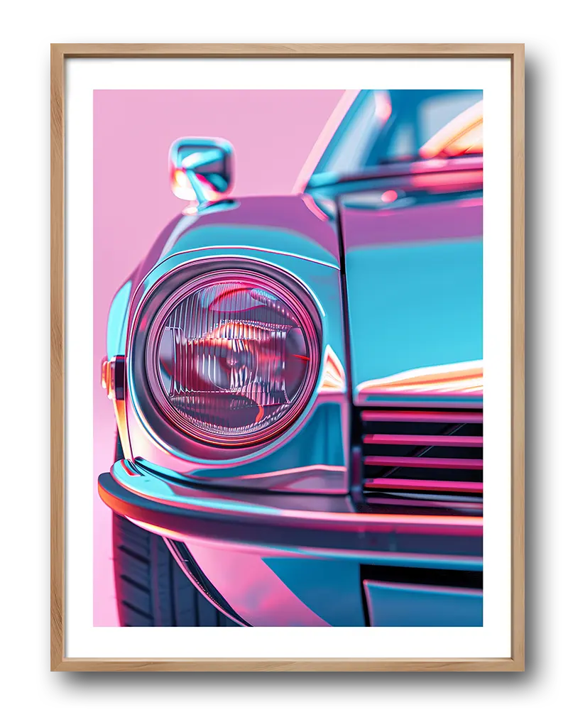 A close-up of a vintage car's headlight bathed in vibrant neon colors, highlighting the sleek curves and classic design. Perfect wall art for retro car enthusiasts or anyone seeking a bold pop of color in their decor