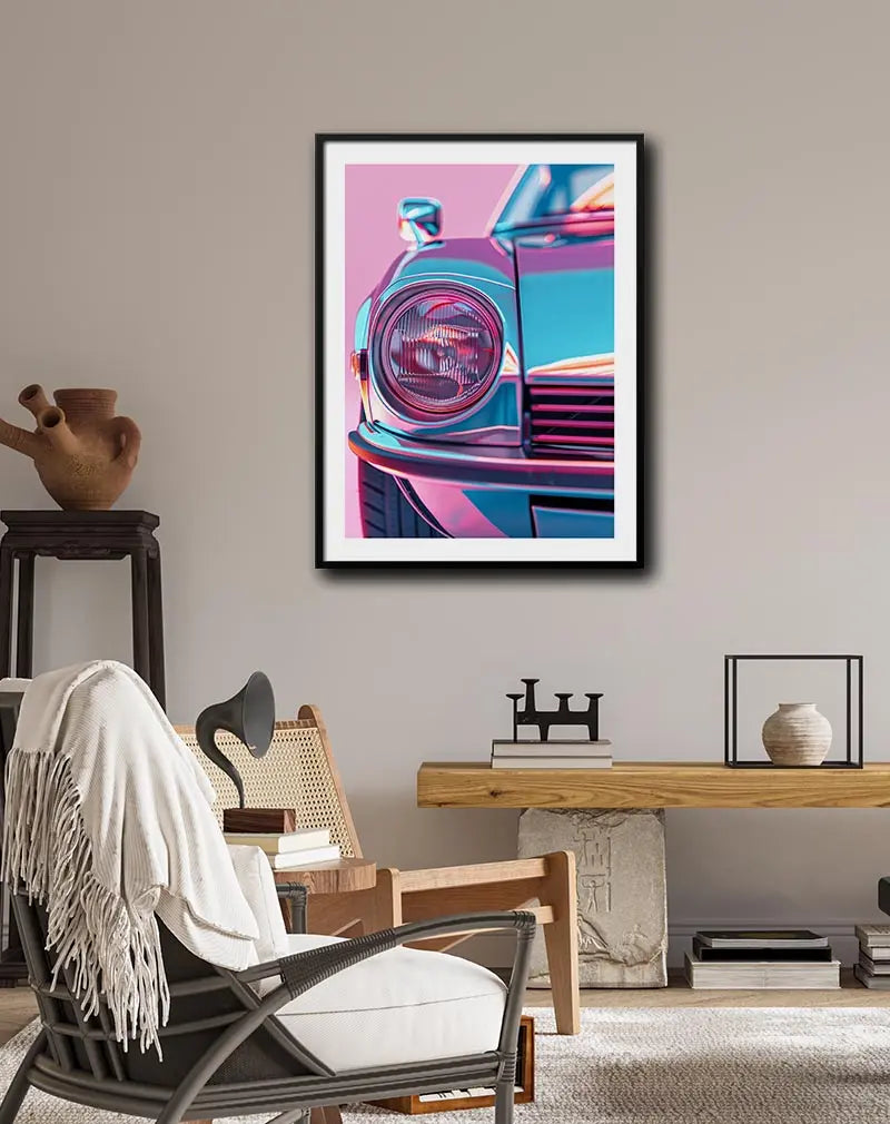 A close-up of a vintage car's headlight bathed in vibrant neon colors, highlighting the sleek curves and classic design. Perfect wall art for retro car enthusiasts or anyone seeking a bold pop of color in their decor