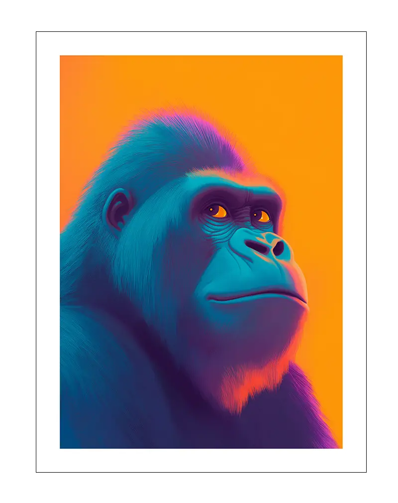 Vibrant illustration of a gorilla in blue and orange hues. Perfect wall art for a bold and lively decor.