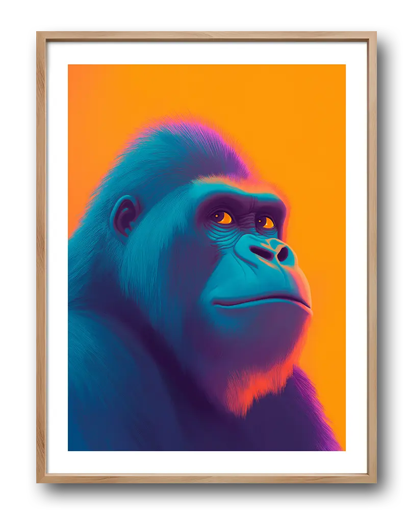 Vibrant illustration of a gorilla in blue and orange hues. Perfect wall art for a bold and lively decor.