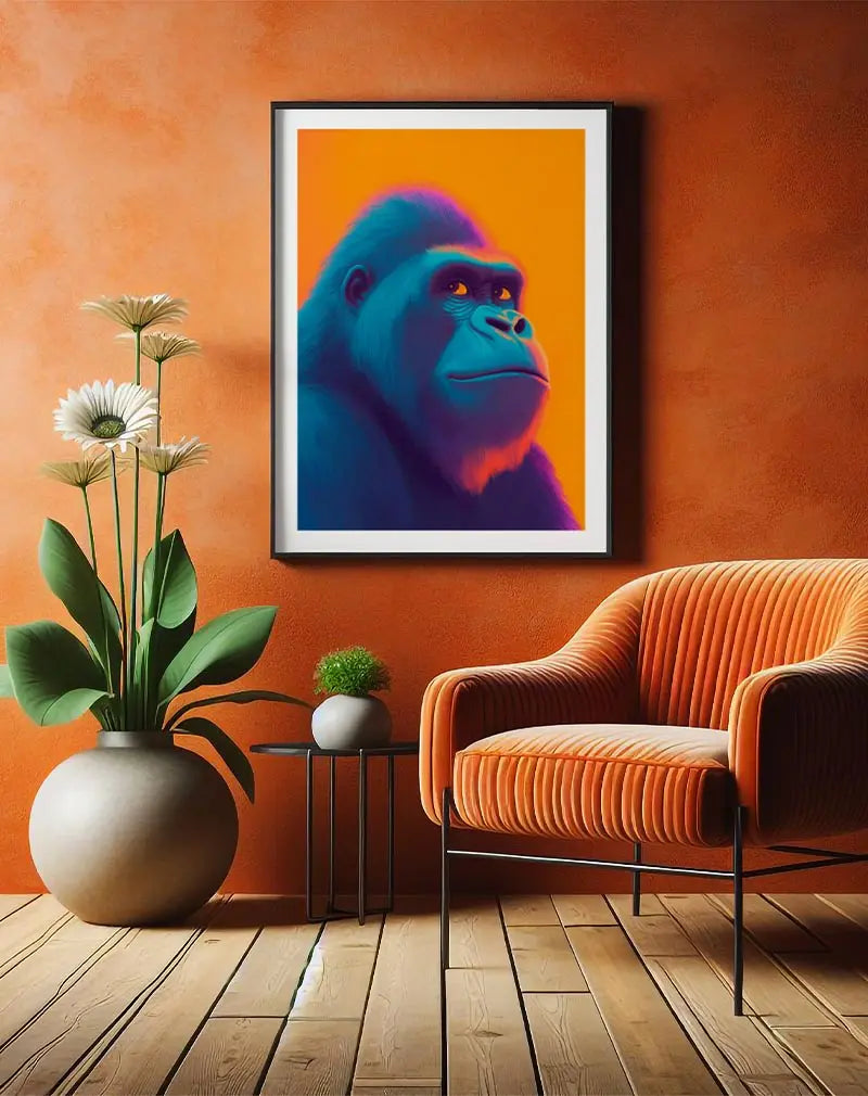 Vibrant illustration of a gorilla in blue and orange hues. Perfect wall art for a bold and lively decor.