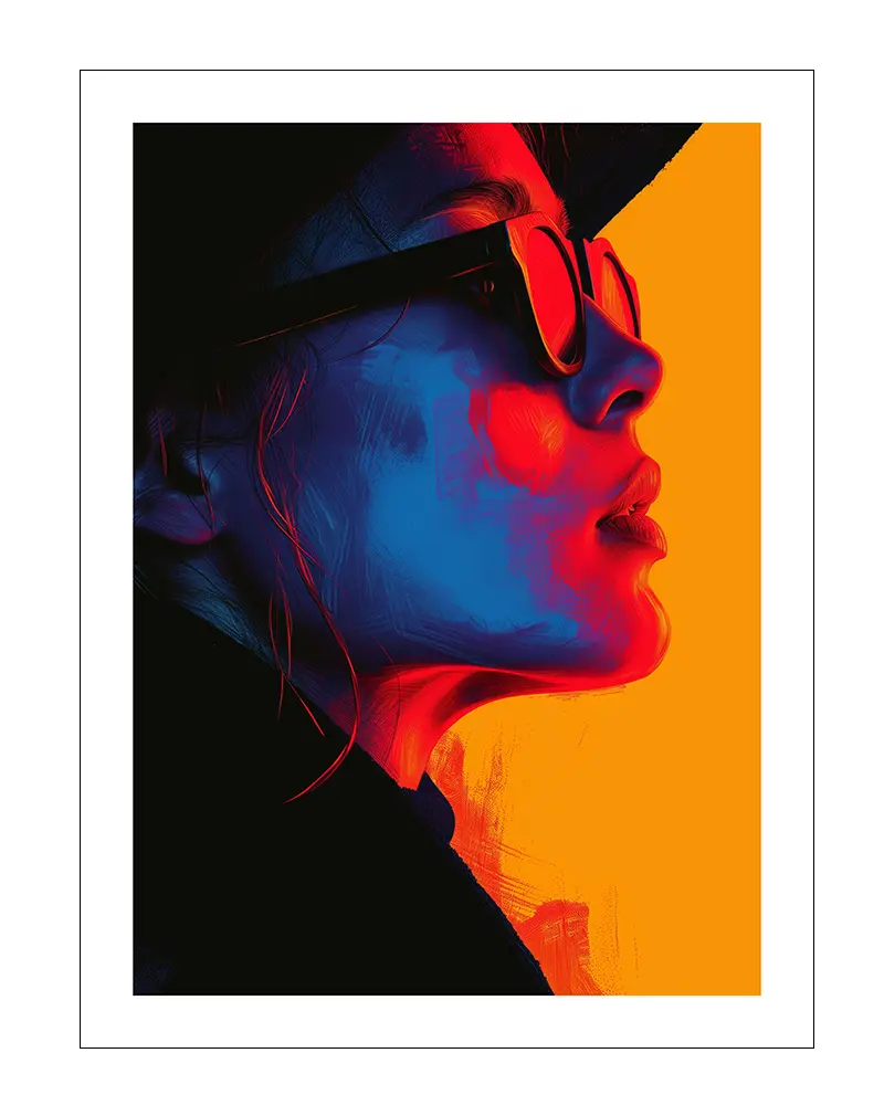 A striking abstract portrait of a person wearing sunglasses, with bold red, blue, and orange tones creating a captivating contrast. Perfect wall art for modern and creative spaces, adding a vibrant and edgy atmosphere