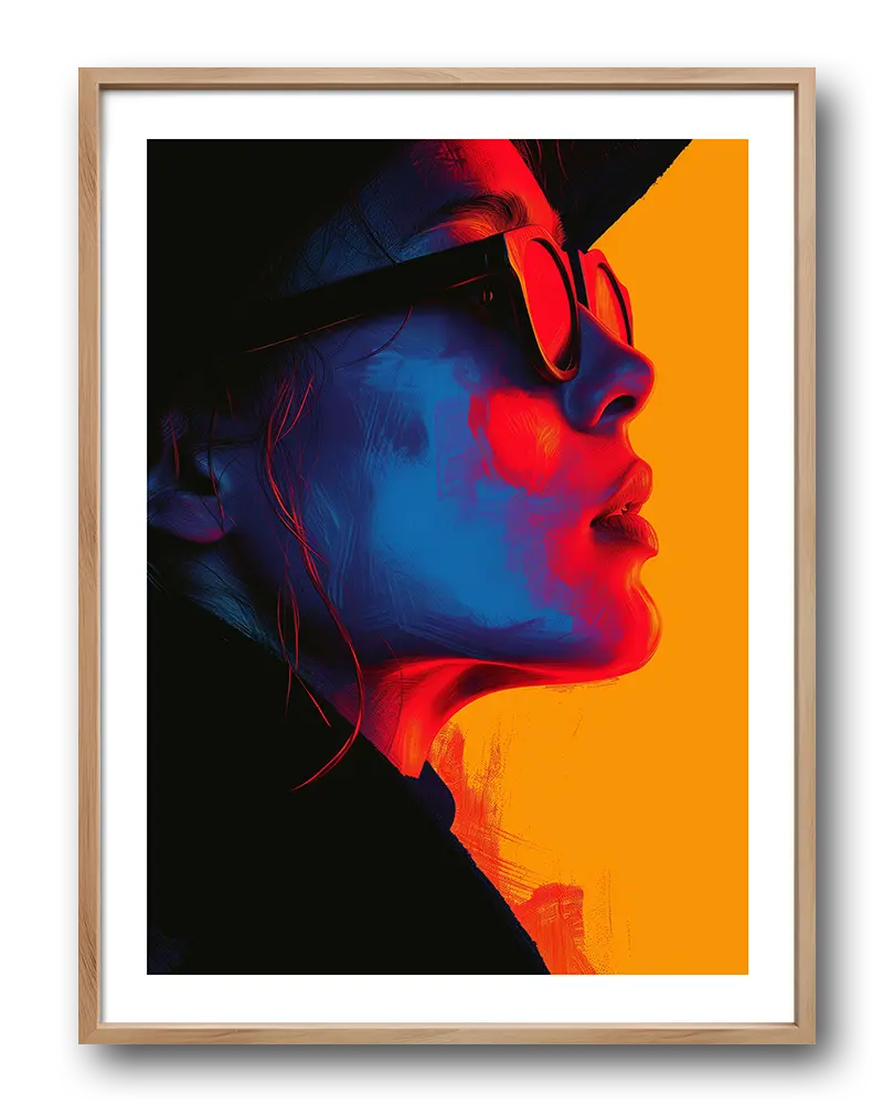 A striking abstract portrait of a person wearing sunglasses, with bold red, blue, and orange tones creating a captivating contrast. Perfect wall art for modern and creative spaces, adding a vibrant and edgy atmosphere