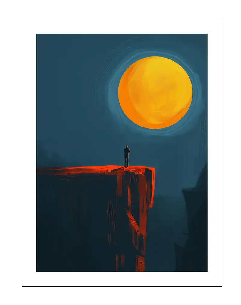 A minimalist illustration of a solitary figure standing on a cliff under a giant glowing sun. Perfect wall art for creating a sense of wonder and contemplation in modern spaces