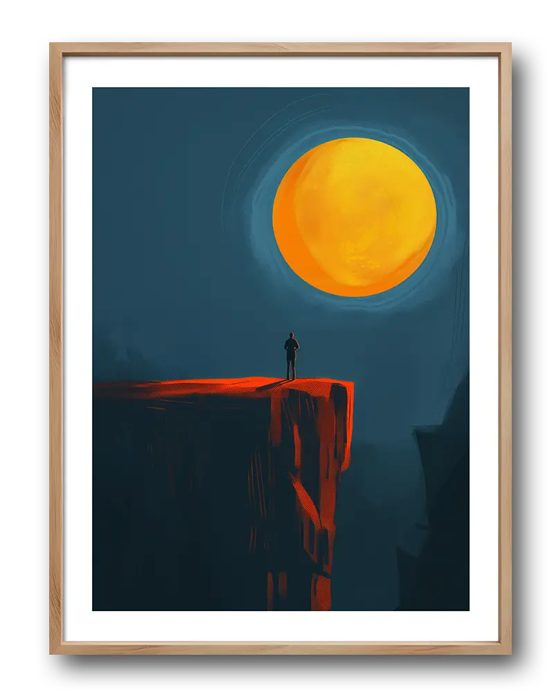 A minimalist illustration of a solitary figure standing on a cliff under a giant glowing sun. Perfect wall art for creating a sense of wonder and contemplation in modern spaces