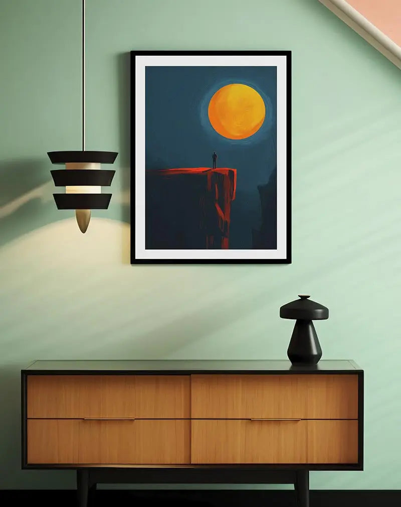 A minimalist illustration of a solitary figure standing on a cliff under a giant glowing sun. Perfect wall art for creating a sense of wonder and contemplation in modern spaces