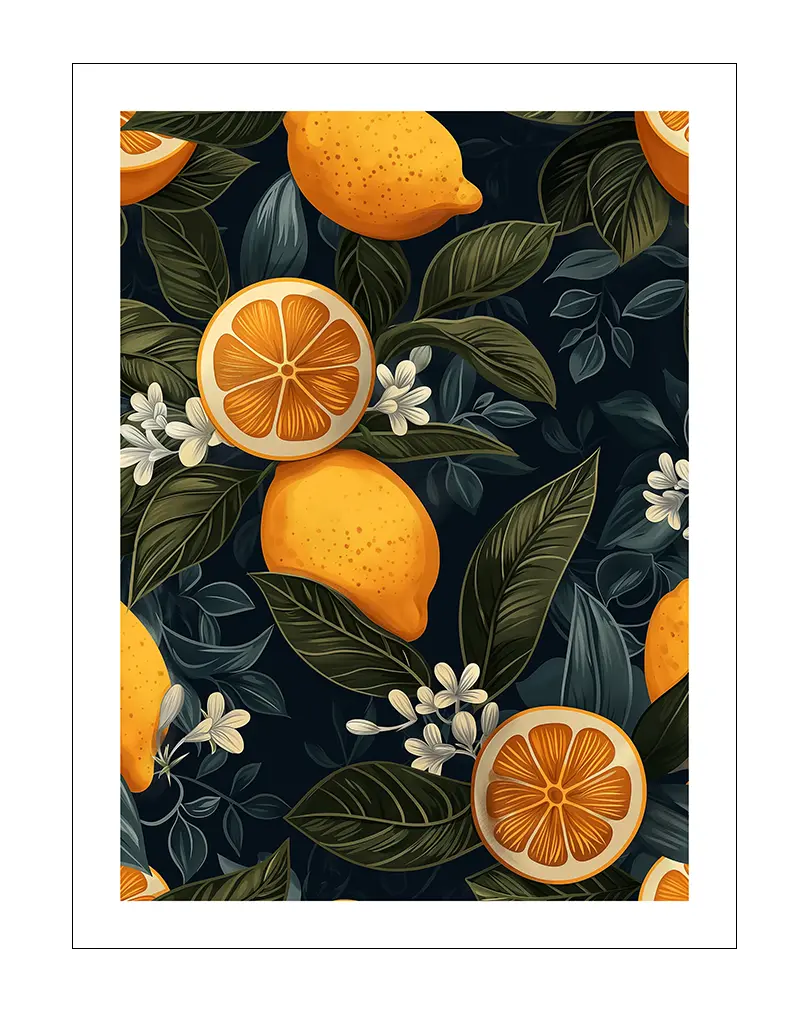 A vibrant illustration of lemons and blossoms on a dark background. Perfect wall art for brightening up kitchens or dining areas with a fresh, lively touch