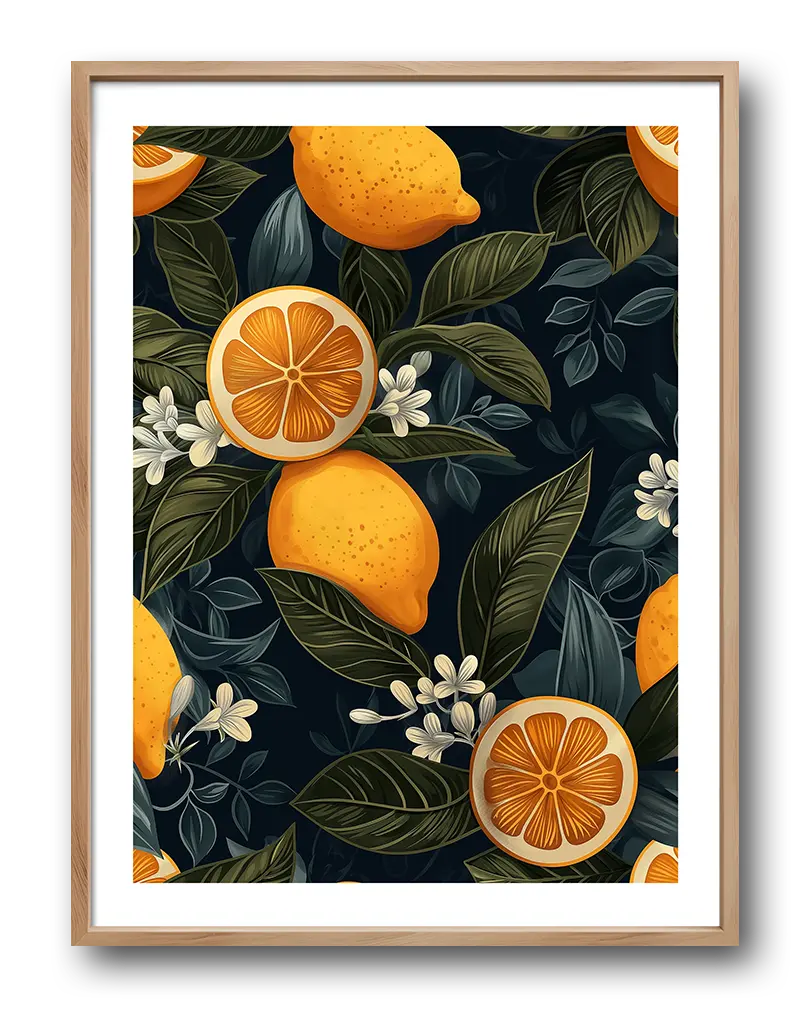 A vibrant illustration of lemons and blossoms on a dark background. Perfect wall art for brightening up kitchens or dining areas with a fresh, lively touch